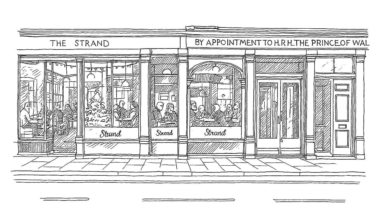 A hand drawn illustration of The Strand pub in Cheltenham